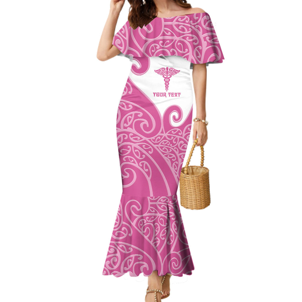 Personalised New Zealand Nurse Family Matching Mermaid Dress and Hawaiian Shirt Maori Koru Pink Version LT05 Mom's Dress Pink - Polynesian Pride