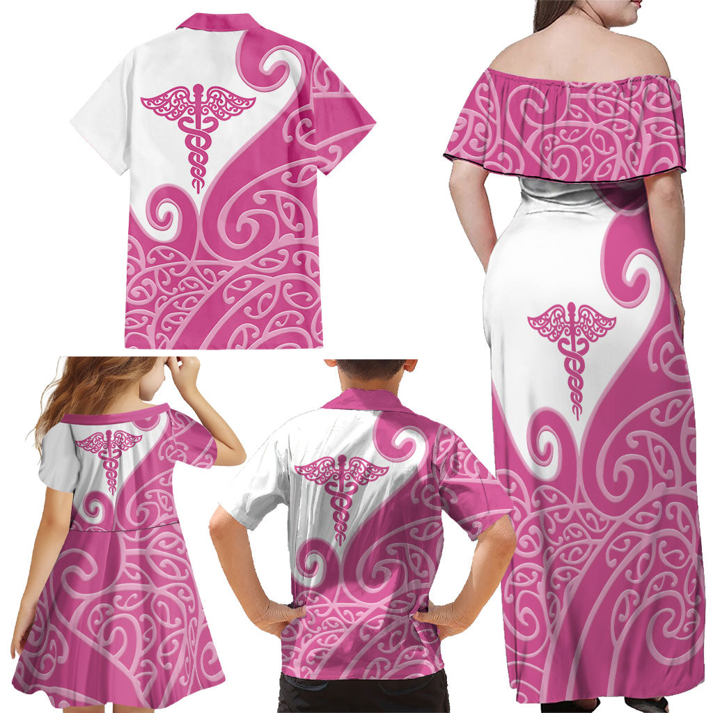 Personalised New Zealand Nurse Family Matching Off Shoulder Maxi Dress and Hawaiian Shirt Maori Koru Pink Version LT05 - Polynesian Pride