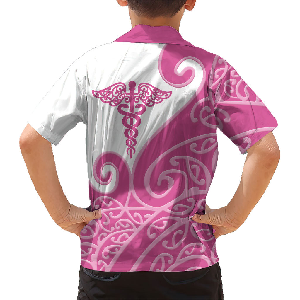 Personalised New Zealand Nurse Family Matching Off Shoulder Short Dress and Hawaiian Shirt Maori Koru Pink Version LT05 - Polynesian Pride