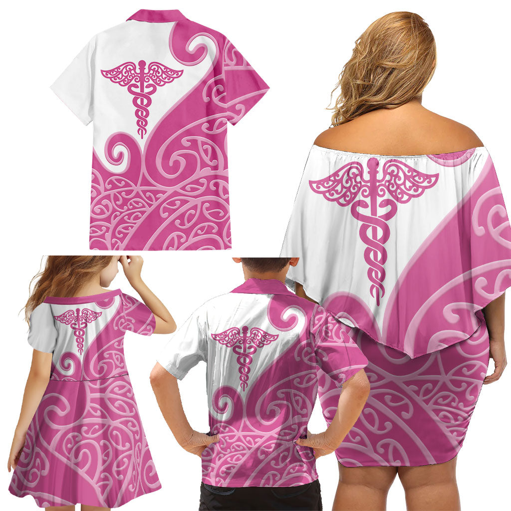 Personalised New Zealand Nurse Family Matching Off Shoulder Short Dress and Hawaiian Shirt Maori Koru Pink Version LT05 - Polynesian Pride
