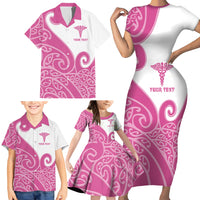 Personalised New Zealand Nurse Family Matching Short Sleeve Bodycon Dress and Hawaiian Shirt Maori Koru Pink Version LT05 - Polynesian Pride