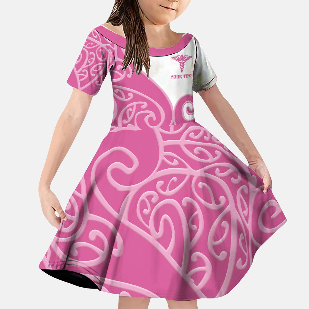 Personalised New Zealand Nurse Family Matching Tank Maxi Dress and Hawaiian Shirt Maori Koru Pink Version LT05 Daughter's Dress Pink - Polynesian Pride
