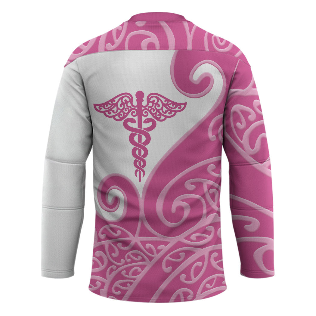 Personalised New Zealand Nurse Hockey Jersey Maori Koru Pink Version