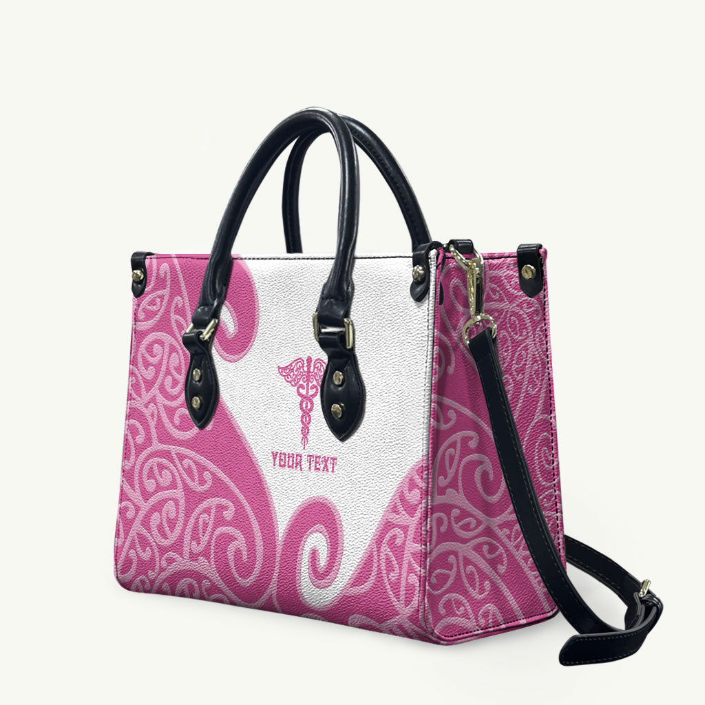 Personalised New Zealand Nurse Leather Bag Maori Koru Pink Version