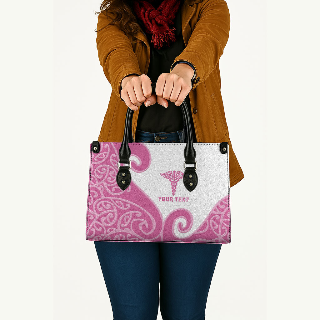Personalised New Zealand Nurse Leather Bag Maori Koru Pink Version