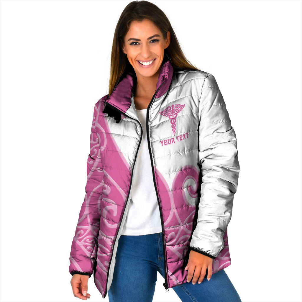 Personalised New Zealand Nurse Padded Jacket Maori Koru Pink Version