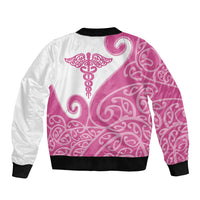 Personalised New Zealand Nurse Sleeve Zip Bomber Jacket Maori Koru Pink Version