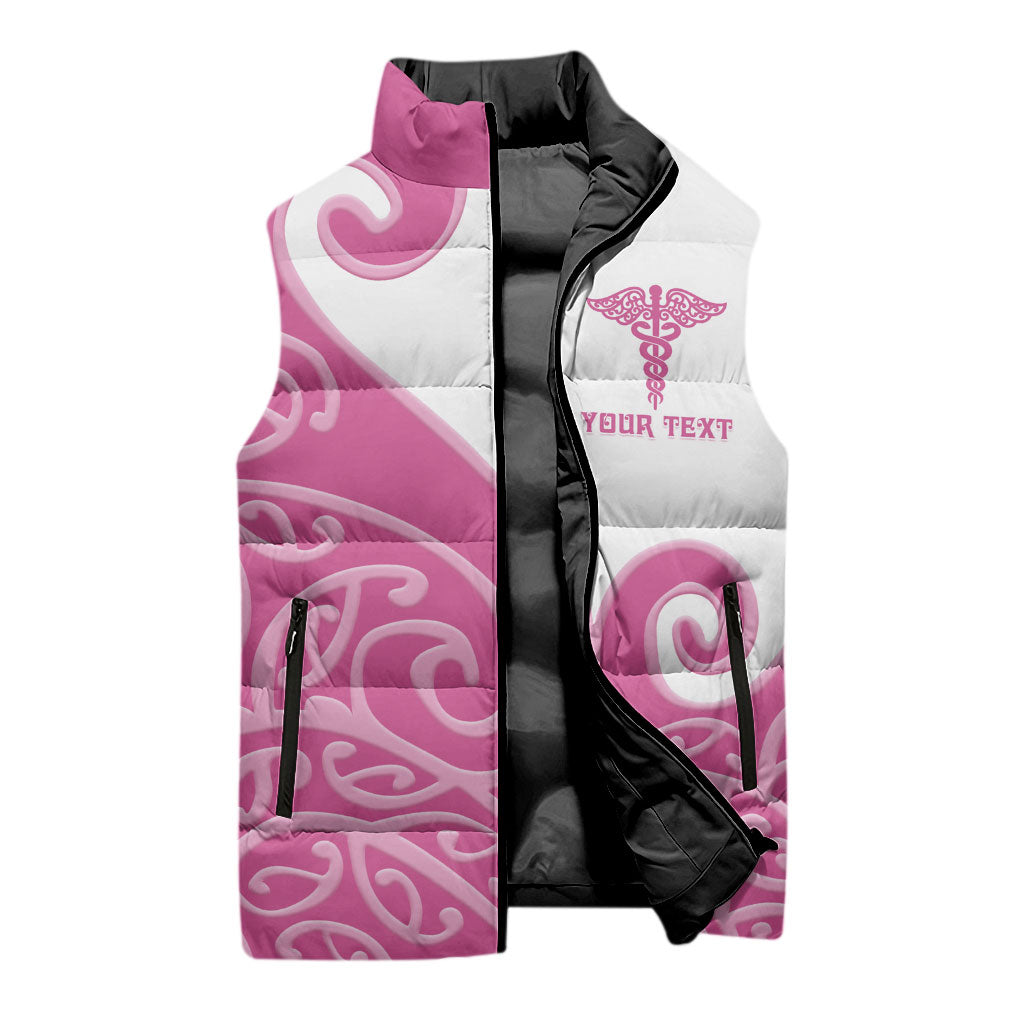 Personalised New Zealand Nurse Sleeveless Puffer Jacket Maori Koru Pink Version