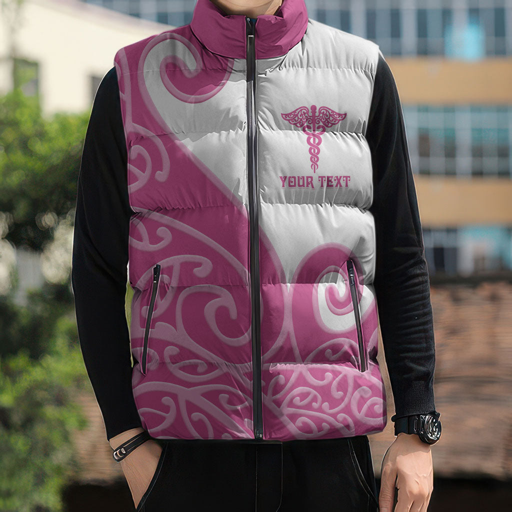 Personalised New Zealand Nurse Sleeveless Puffer Jacket Maori Koru Pink Version