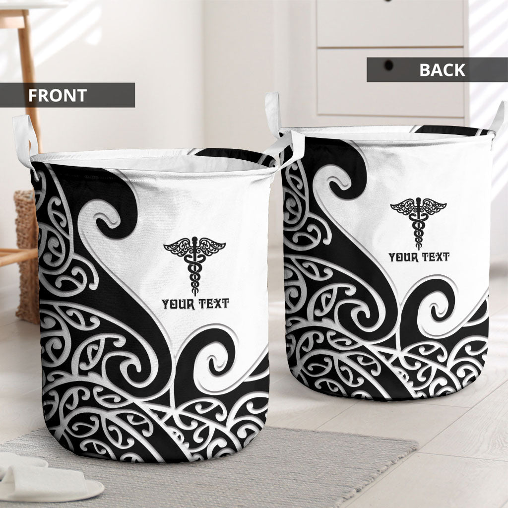 Personalised New Zealand Nurse Laundry Basket Maori Koru Black Version