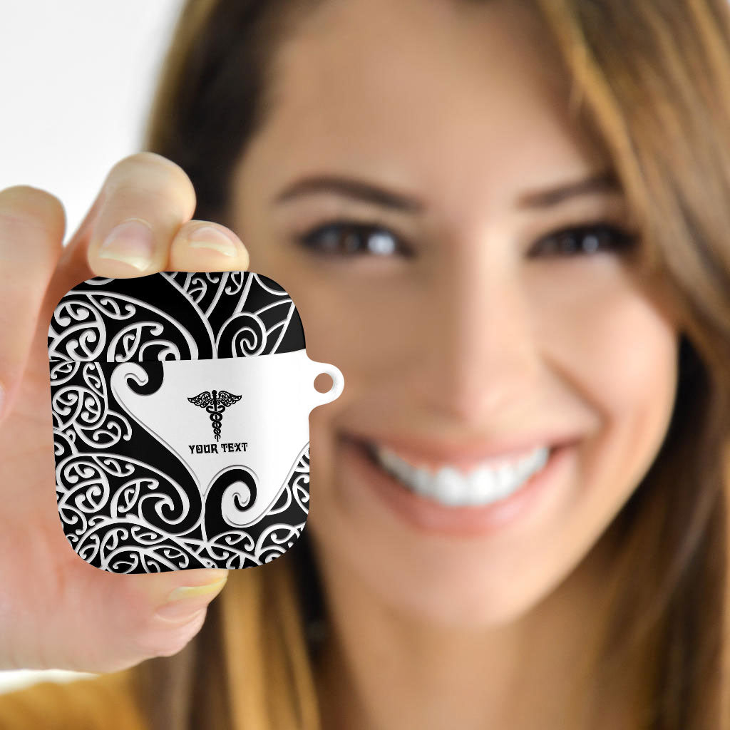 Personalised New Zealand Nurse AirPods Case Maori Koru Black Version