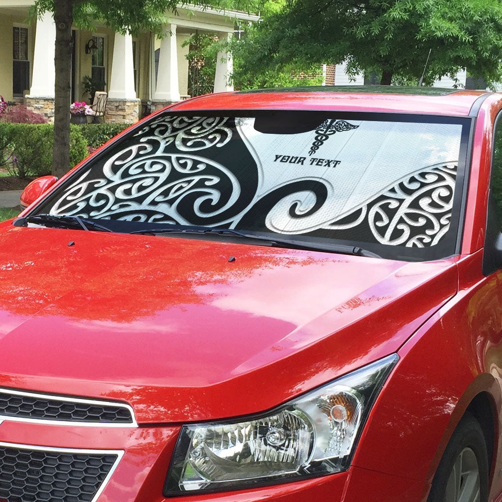 Personalised New Zealand Nurse Auto Sun Shade Maori Koru Black Version