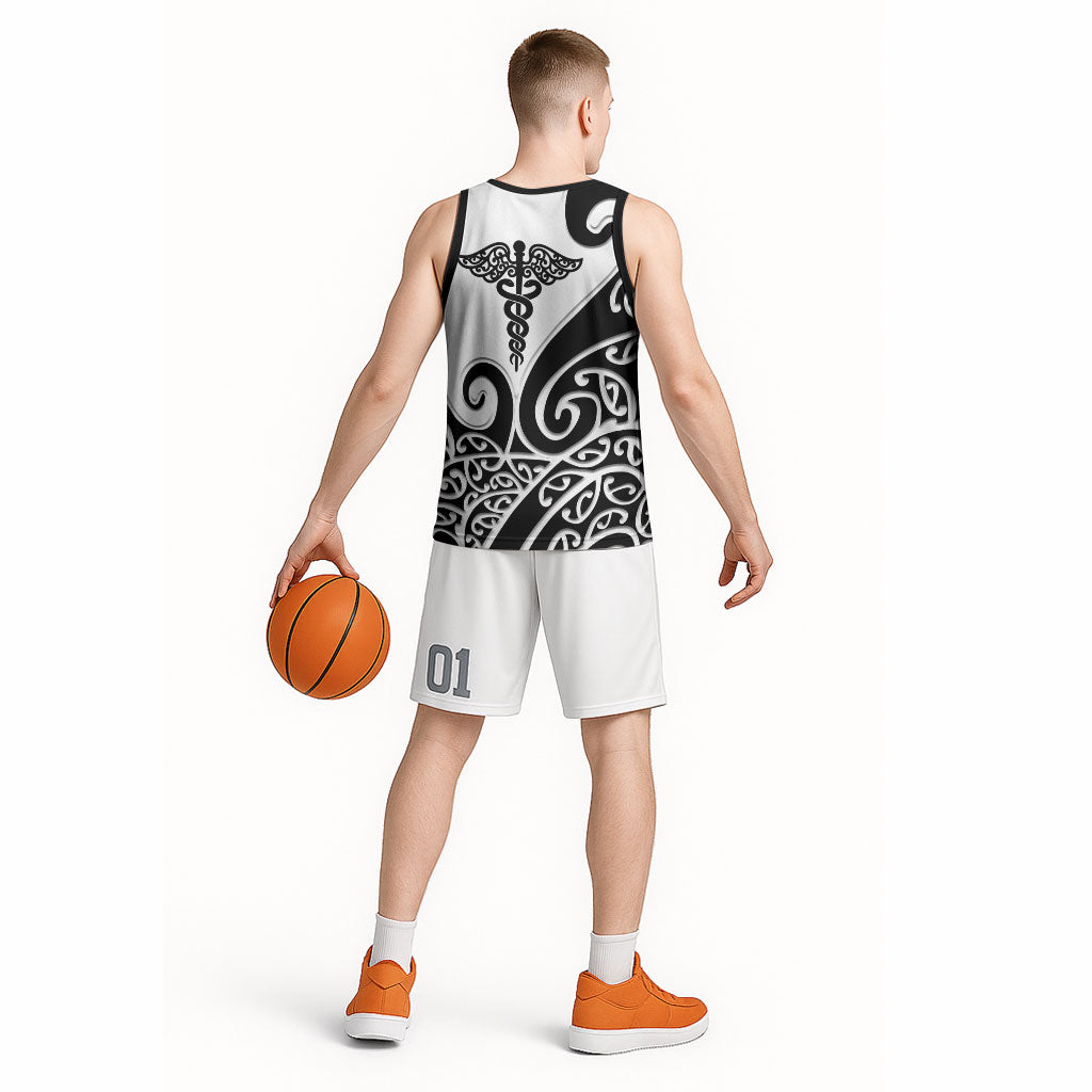 Personalised New Zealand Nurse Basketball Jersey Maori Koru Black Version