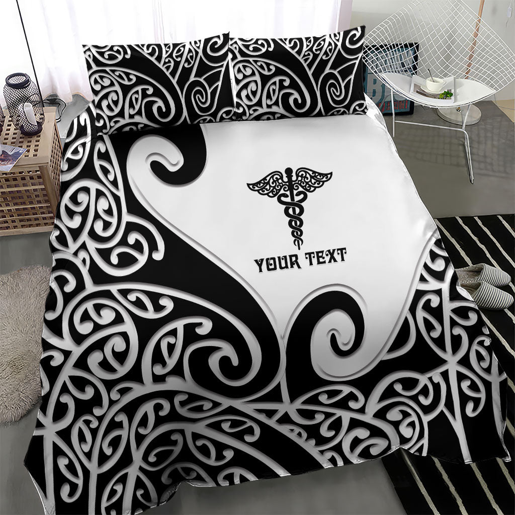 Personalised New Zealand Nurse Bedding Set Maori Koru Black Version