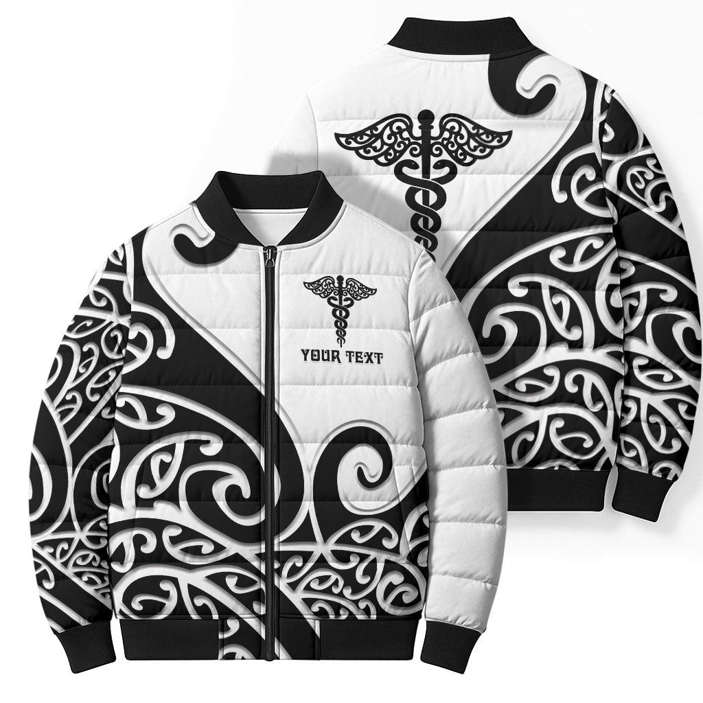 Personalised New Zealand Nurse Bomber Puffer Jacket Maori Koru Black Version