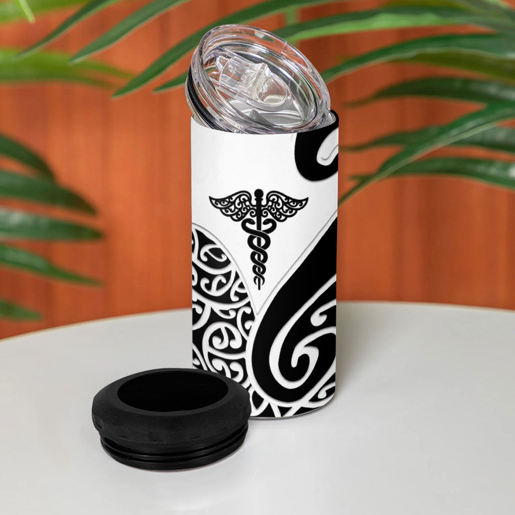 Personalised New Zealand Nurse 4 in 1 Can Cooler Tumbler Maori Koru Black Version