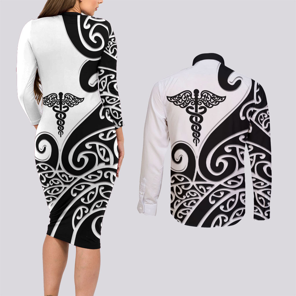 Personalised New Zealand Nurse Couples Matching Long Sleeve Bodycon Dress and Long Sleeve Button Shirt Maori Koru Black Version LT05 - Polynesian Pride