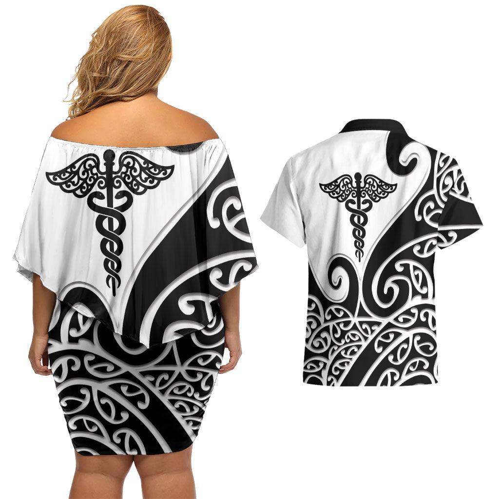 Personalised New Zealand Nurse Couples Matching Off Shoulder Short Dress and Hawaiian Shirt Maori Koru Black Version LT05 - Polynesian Pride