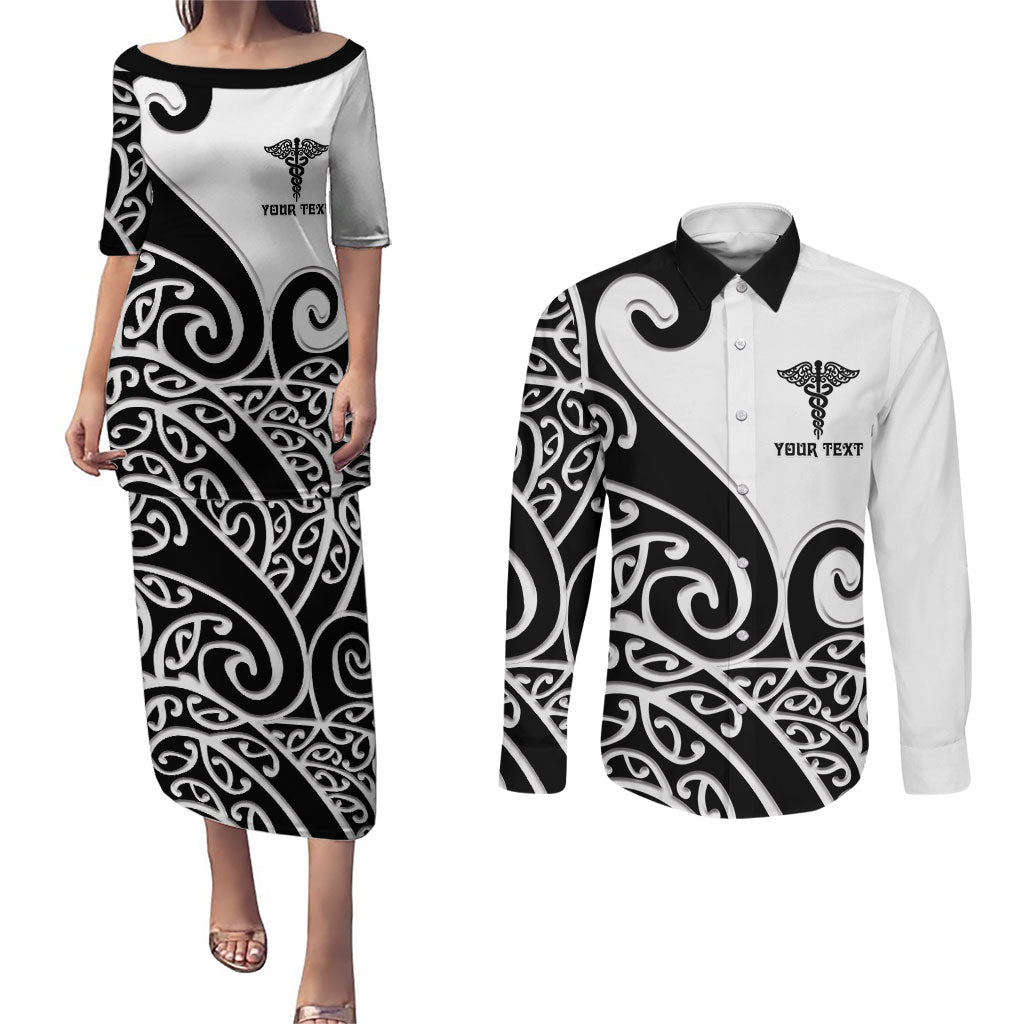 Personalised New Zealand Nurse Couples Matching Puletasi and Long Sleeve Button Shirt Maori Koru Black Version