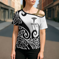 Personalised New Zealand Nurse Cross Shoulder Shirt Maori Koru Black Version