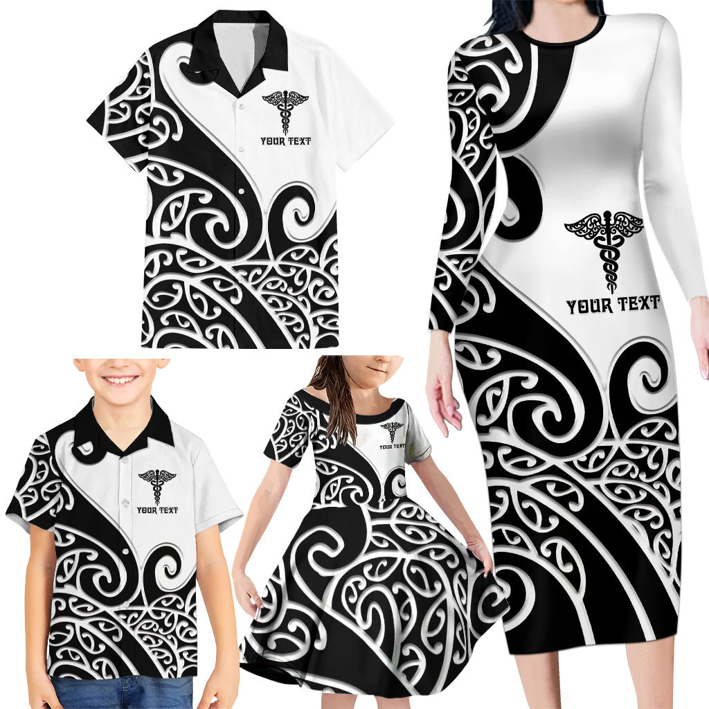 Personalised New Zealand Nurse Family Matching Long Sleeve Bodycon Dress and Hawaiian Shirt Maori Koru Black Version LT05 - Polynesian Pride