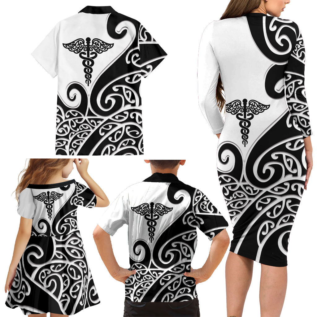 Personalised New Zealand Nurse Family Matching Long Sleeve Bodycon Dress and Hawaiian Shirt Maori Koru Black Version LT05 - Polynesian Pride