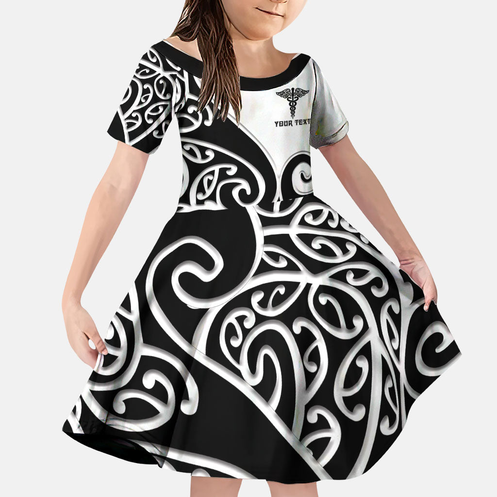 Personalised New Zealand Nurse Family Matching Mermaid Dress and Hawaiian Shirt Maori Koru Black Version LT05 Daughter's Dress Black - Polynesian Pride