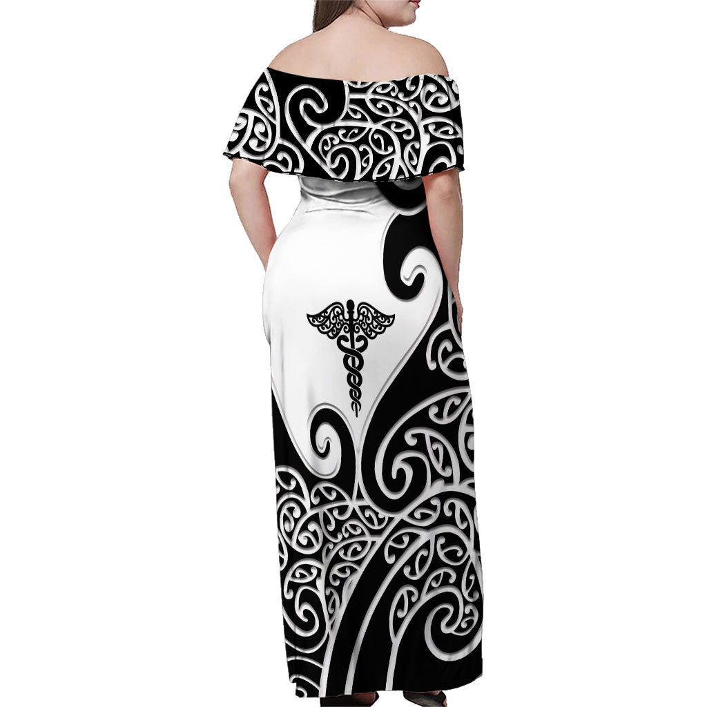 Personalised New Zealand Nurse Family Matching Off Shoulder Maxi Dress and Hawaiian Shirt Maori Koru Black Version LT05 - Polynesian Pride