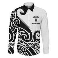 Personalised New Zealand Nurse Family Matching Off Shoulder Short Dress and Hawaiian Shirt Maori Koru Black Version LT05 Dad's Shirt - Long Sleeve Black - Polynesian Pride