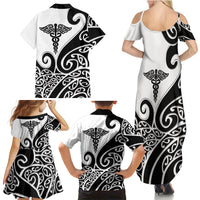 Personalised New Zealand Nurse Family Matching Summer Maxi Dress and Hawaiian Shirt Maori Koru Black Version LT05 - Polynesian Pride