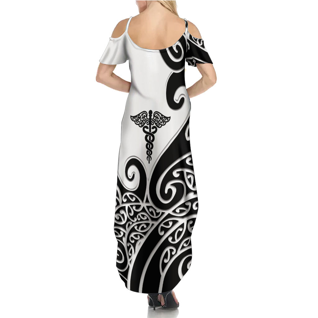 Personalised New Zealand Nurse Family Matching Summer Maxi Dress and Hawaiian Shirt Maori Koru Black Version LT05 - Polynesian Pride