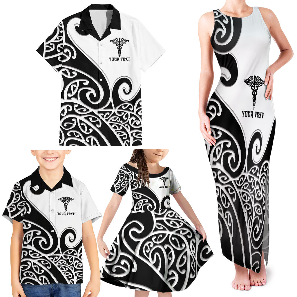 Personalised New Zealand Nurse Family Matching Tank Maxi Dress and Hawaiian Shirt Maori Koru Black Version LT05 - Polynesian Pride