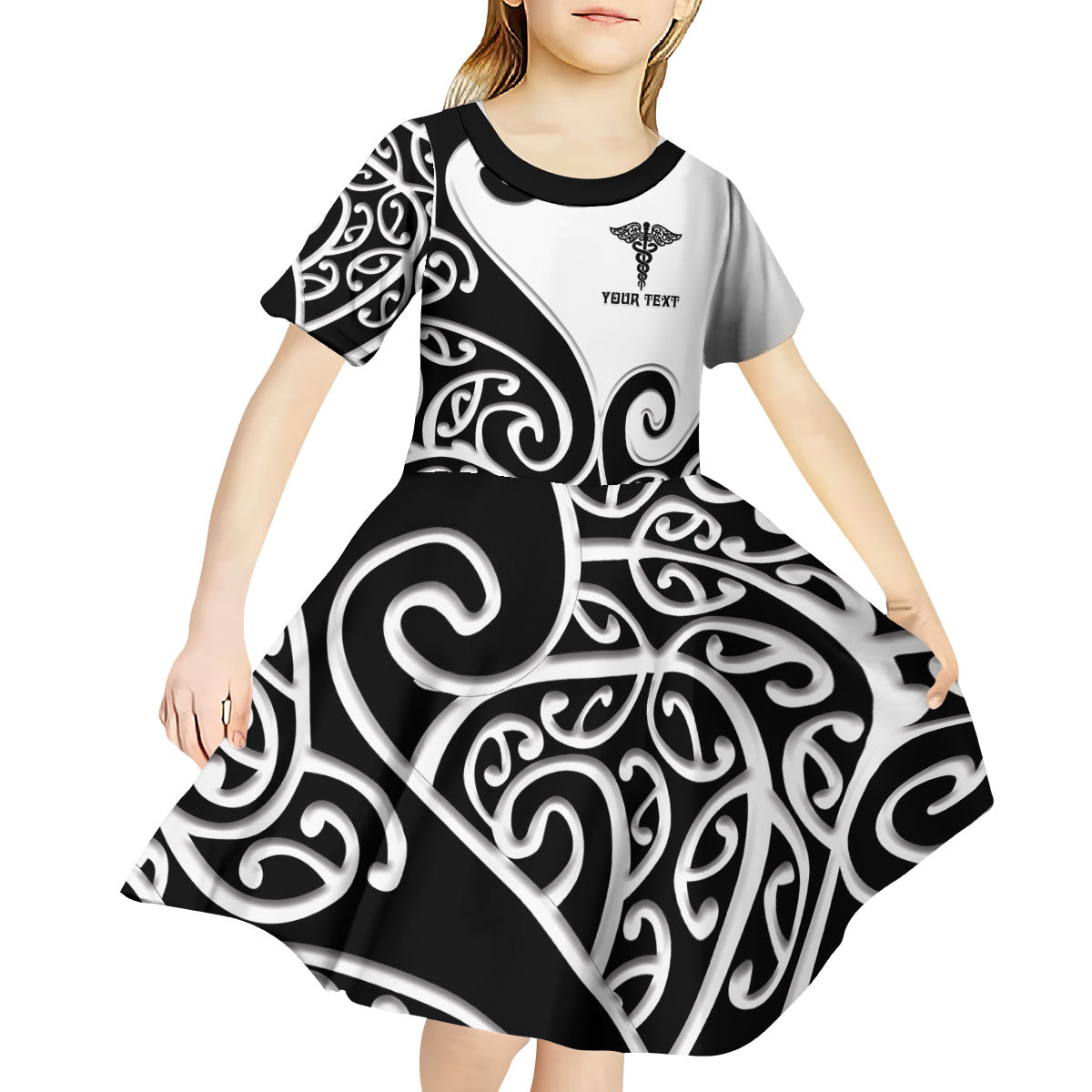 Personalised New Zealand Nurse Kid Short Sleeve Dress Maori Koru Black Version