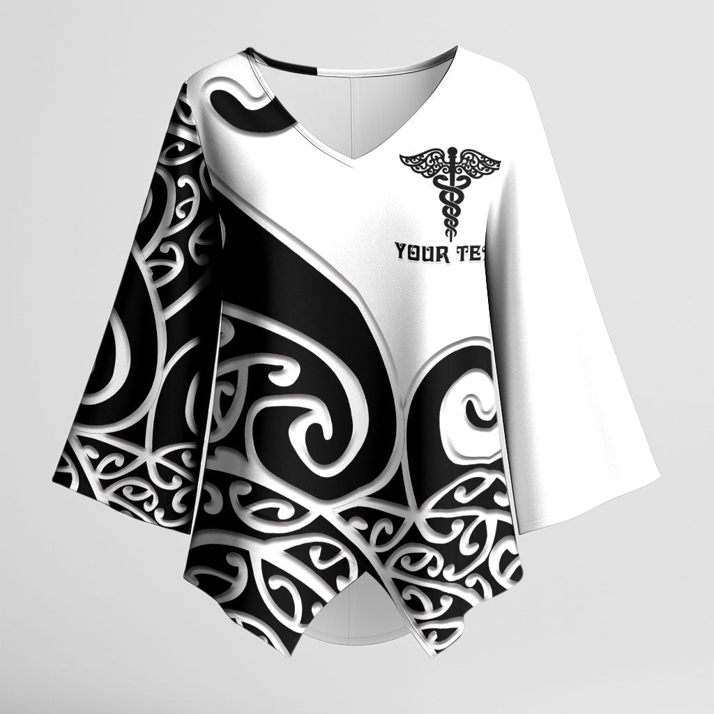 Personalised New Zealand Nurse Kimono Sleeve Blouse Maori Koru Black Version
