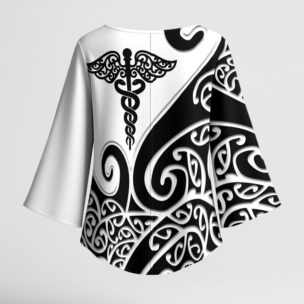 Personalised New Zealand Nurse Kimono Sleeve Blouse Maori Koru Black Version
