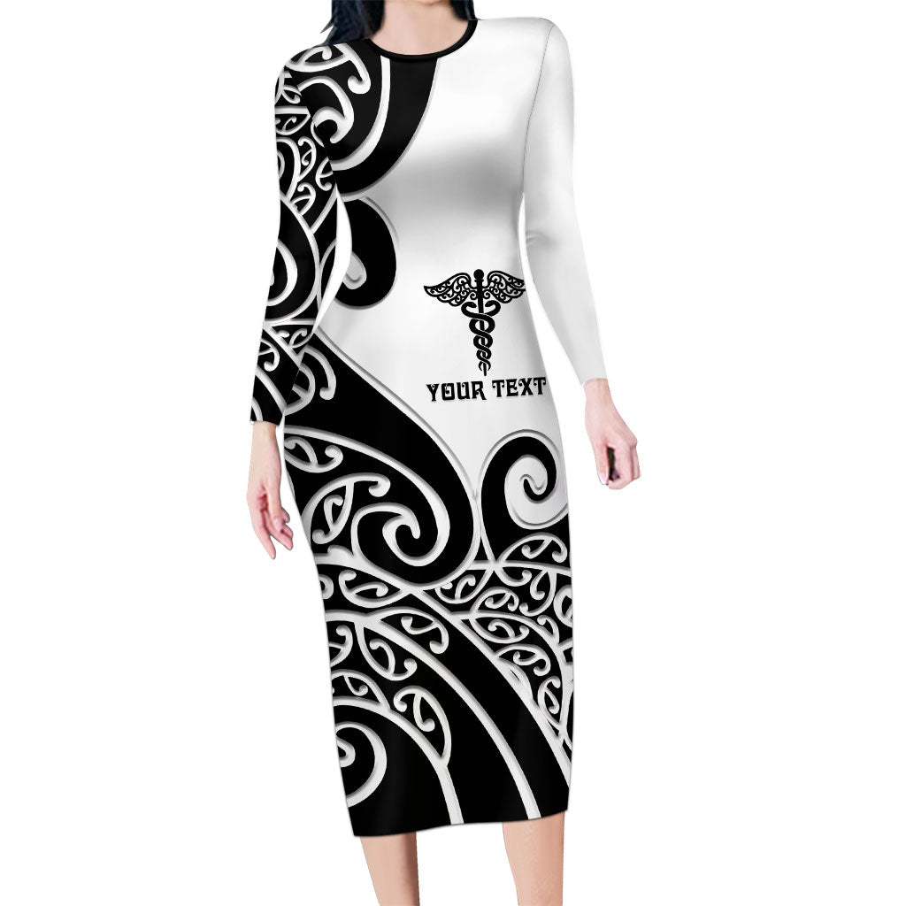 Personalised New Zealand Nurse Long Sleeve Bodycon Dress Maori Koru Black Version