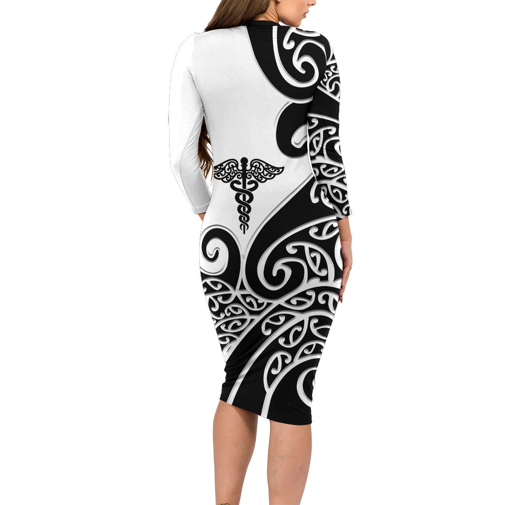 Personalised New Zealand Nurse Long Sleeve Bodycon Dress Maori Koru Black Version
