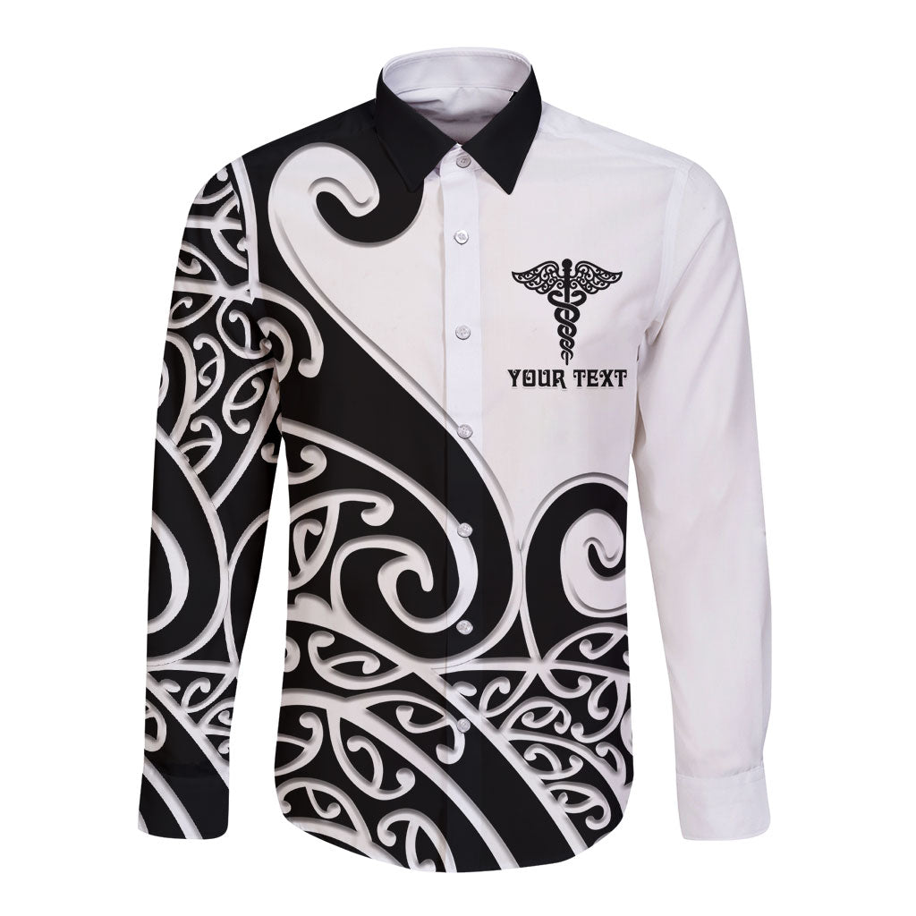 Personalised New Zealand Nurse Long Sleeve Button Shirt Maori Koru Black Version