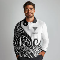Personalised New Zealand Nurse Long Sleeve Polo Shirt Maori Koru Black Version