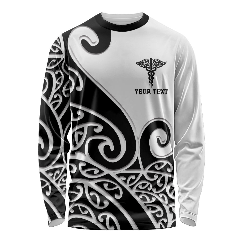 Personalised New Zealand Nurse Long Sleeve Shirt Maori Koru Black Version
