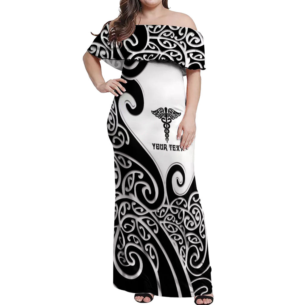 Personalised New Zealand Nurse Off Shoulder Maxi Dress Maori Koru Black Version