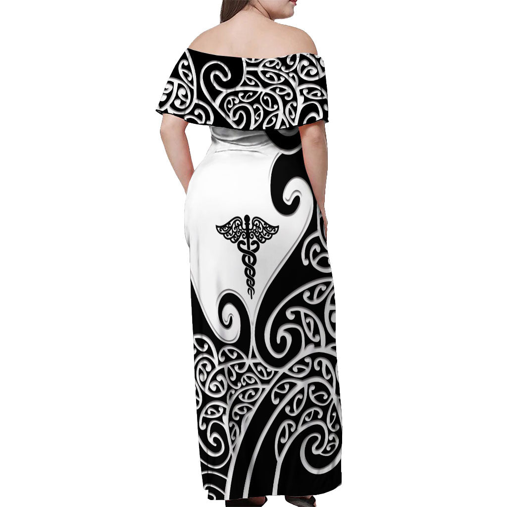 Personalised New Zealand Nurse Off Shoulder Maxi Dress Maori Koru Black Version
