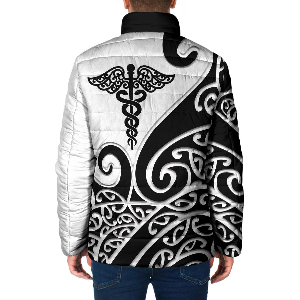Personalised New Zealand Nurse Padded Jacket Maori Koru Black Version