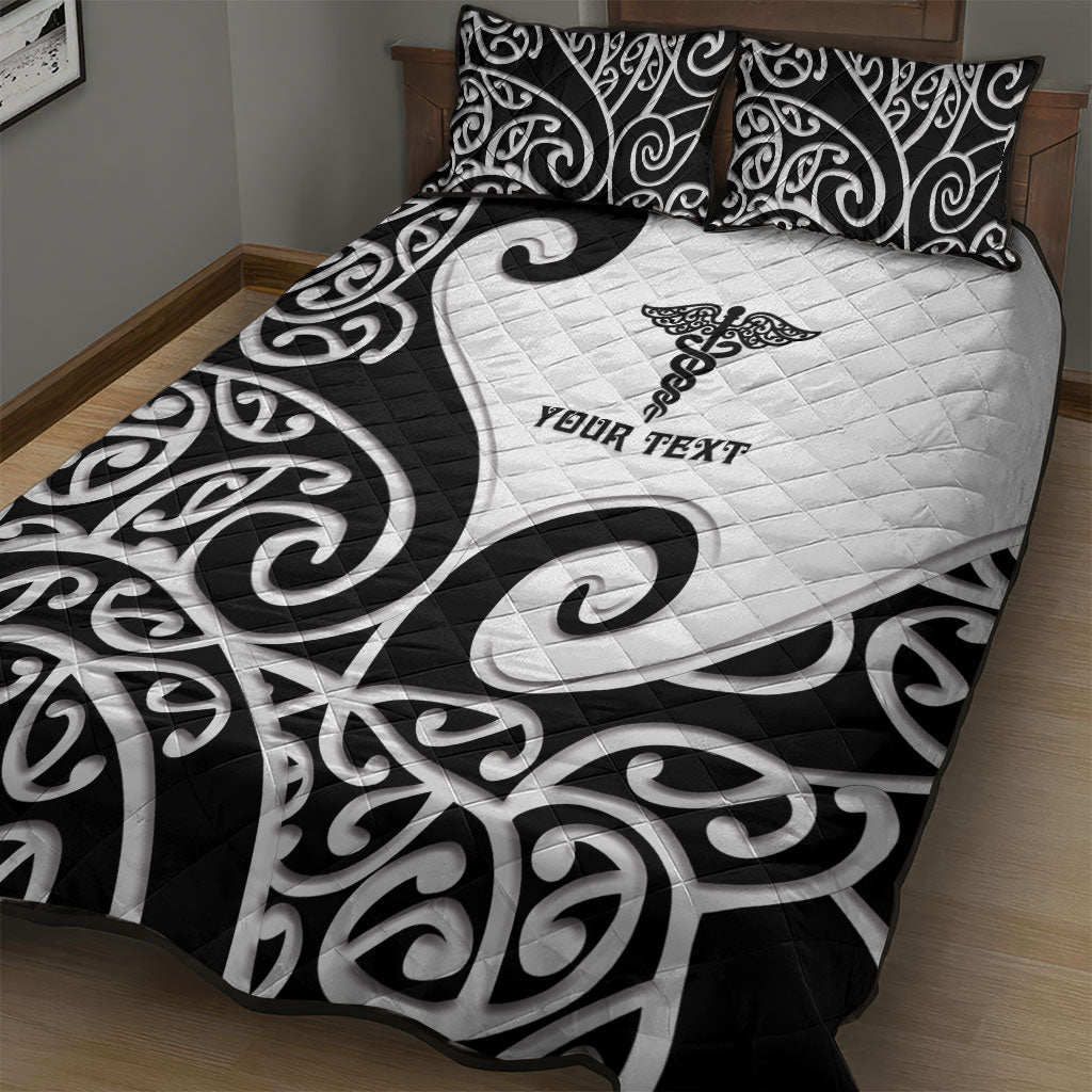 Personalised New Zealand Nurse Quilt Bed Set Maori Koru Black Version