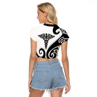 Personalised New Zealand Nurse Raglan Cropped T Shirt Maori Koru Black Version
