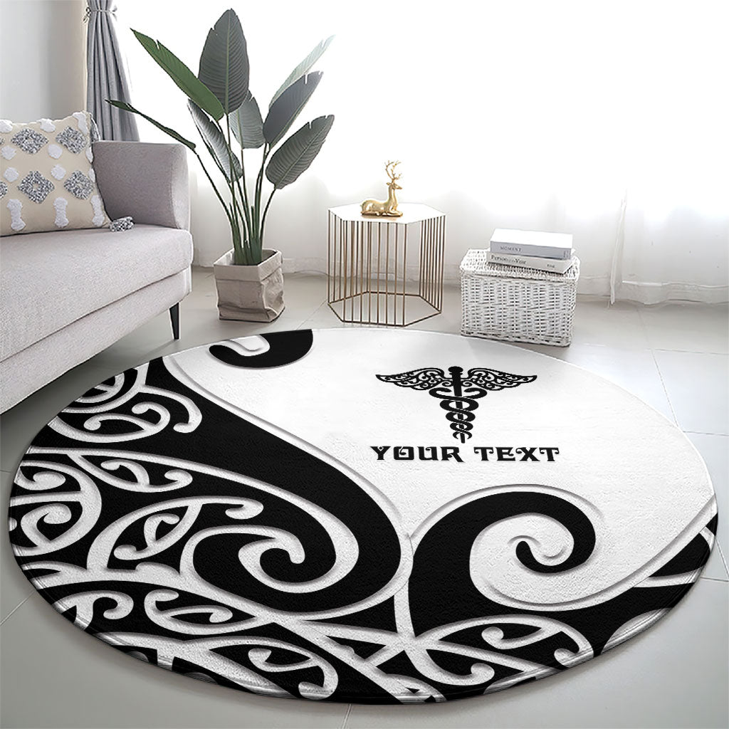 Personalised New Zealand Nurse Round Carpet Maori Koru Black Version