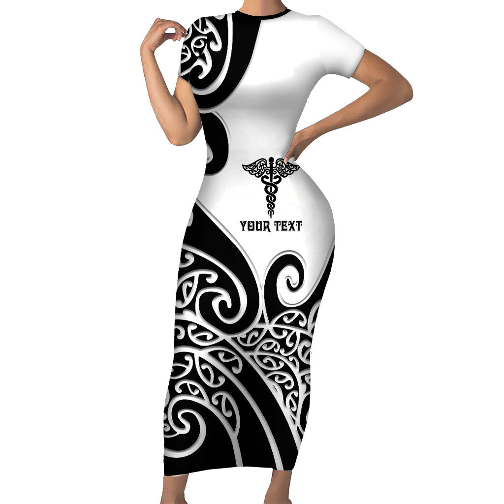 Personalised New Zealand Nurse Short Sleeve Bodycon Dress Maori Koru Black Version