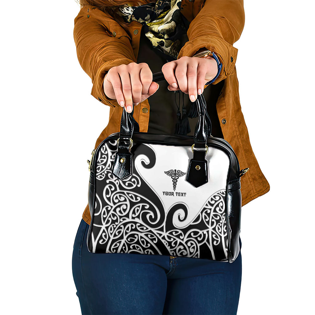 Personalised New Zealand Nurse Shoulder Handbag Maori Koru Black Version