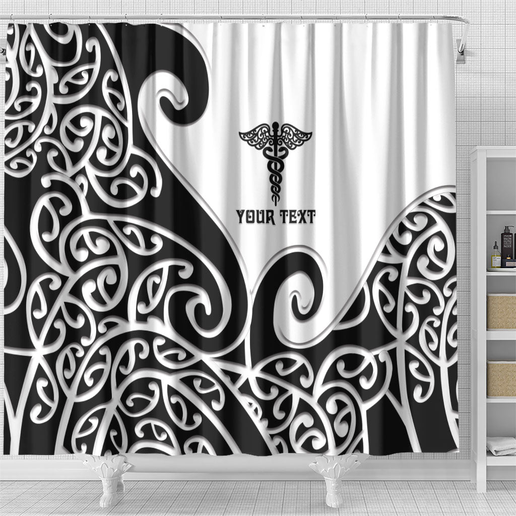 Personalised New Zealand Nurse Shower Curtain Maori Koru Black Version