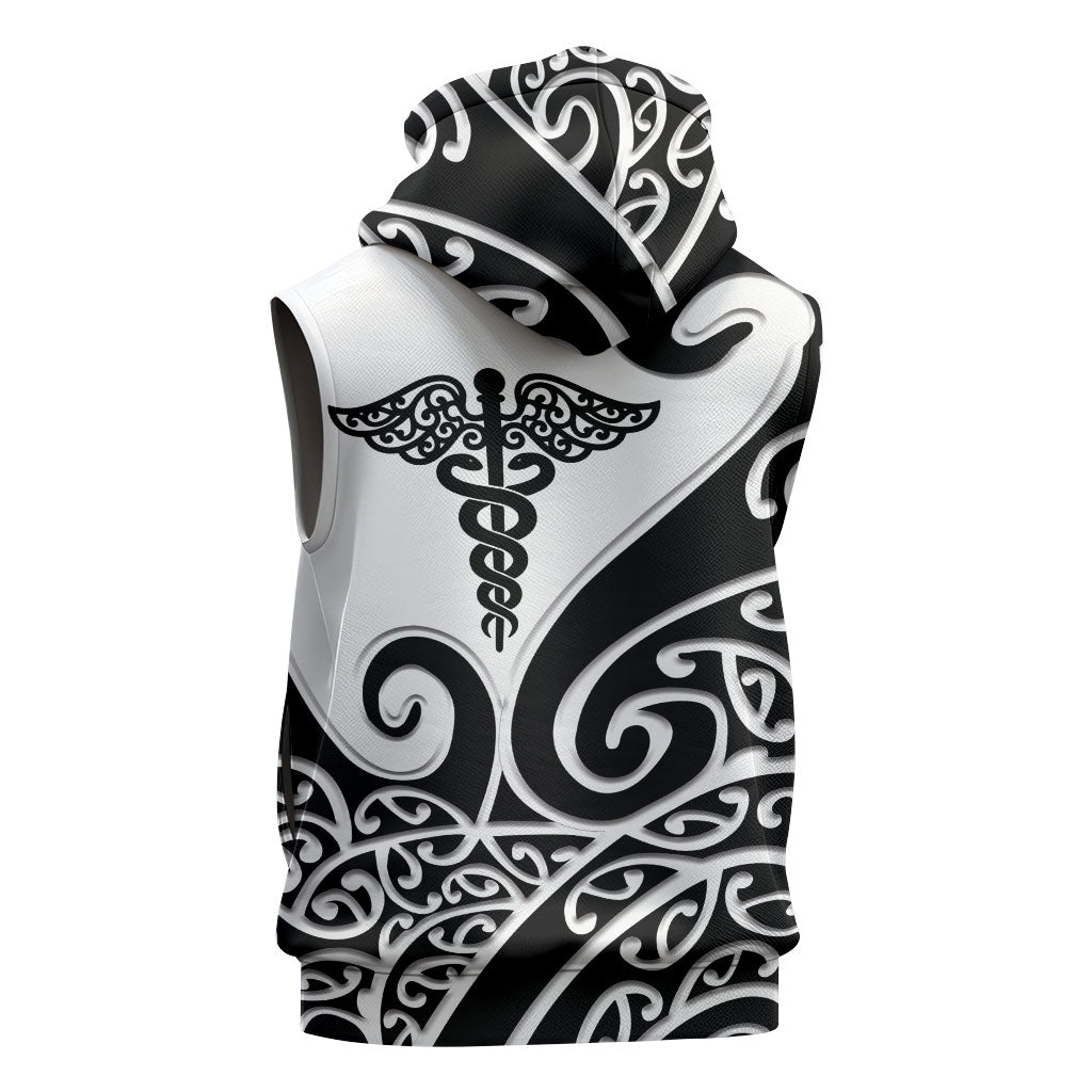 Personalised New Zealand Nurse Sleeveless Hoodie Maori Koru Black Version